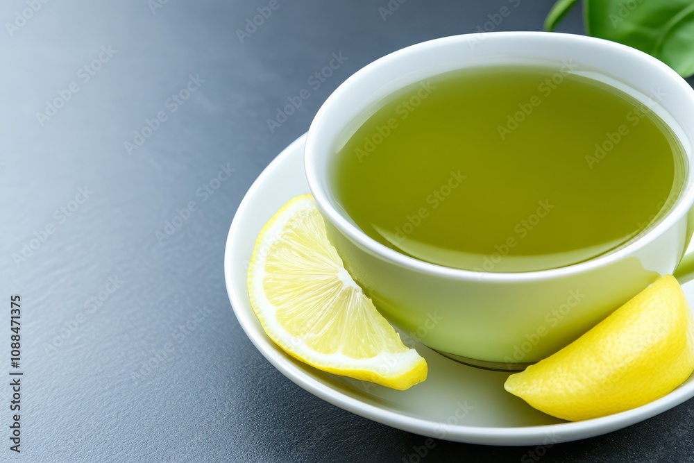 A refreshing cup of green tea with lemon slices, perfect for a healthy beverage choice, displayed on a simple white saucer against a dark background. A refreshing cup of green tea with lemon slices, perfect for a healthy beverage choice, displayed on a simple white saucer against a dark background.
