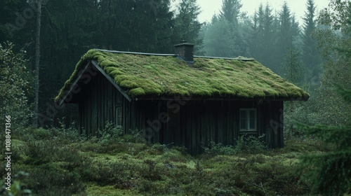 Traditional Scandinavian wooden cabin with moss roof, in the forest