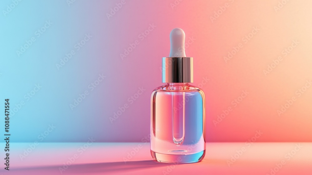Elegant Glass Dropper Bottle with Serum in Soft Pastel Pink and Blue Gradient Background for Cosmetic and Beauty Product Photography Elegant Glass Dropper Bottle with Serum in Soft Pastel Pink and Blue Gradient Background for Cosmetic and Beauty Product Photography
