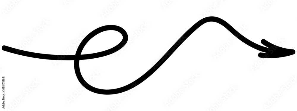 Arrow is curved. Sketch. Wavy black arrow with one loop. Vector illustration. Curved sign is directed to the right. Outline on isolated white background. Doodle style. Idea for web design.