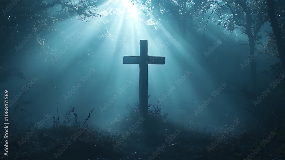 Silhouette of a Christian cross combined with a forest landscape shrouded in mist, the trees partially hidden by the fog, soft beams of light creating a halo effect around the cross, Silhouette of a Christian cross combined with a forest landscape shrouded in mist, the trees partially hidden by the fog, soft beams of light creating a halo effect around the cross,