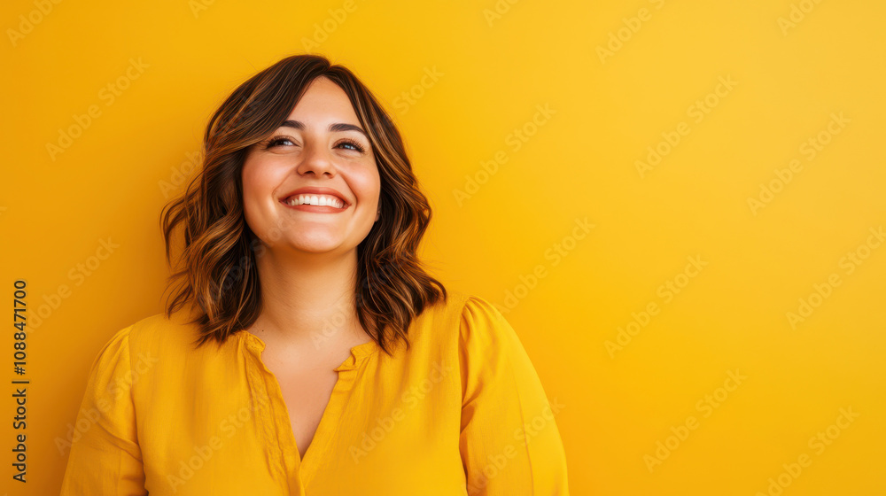 Smiling Mexican woman in yellow top against matching yellow background Smiling Mexican woman in yellow top against matching yellow background