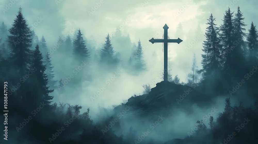 Silhouette of a Christian cross combined with a misty forest scene, tall pine trees blending into the cross outline, morning fog enveloping the landscape, ethereal and tranquil mood, Silhouette of a Christian cross combined with a misty forest scene, tall pine trees blending into the cross outline, morning fog enveloping the landscape, ethereal and tranquil mood,
