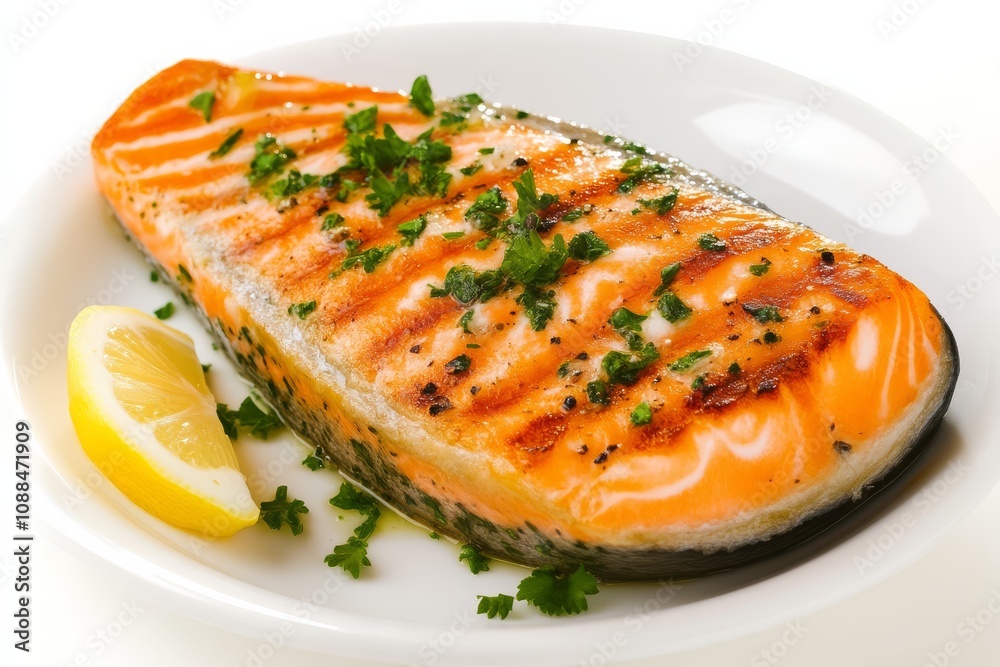 Grilled salmon fillet garnished with herbs and served with a lemon wedge on a white plate. Grilled salmon fillet garnished with herbs and served with a lemon wedge on a white plate.