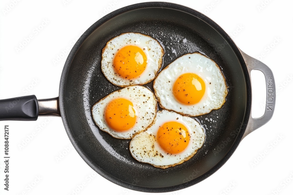 Four sunny-side up eggs in a black pan. Four sunny-side up eggs in a black pan.