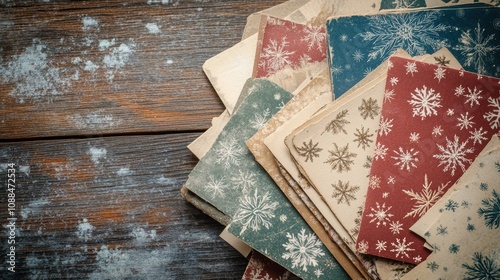 Wallpaper Mural Vintage holiday-themed patterned paper stacked on a rustic wooden surface, capturing the essence of winter and festive cheer with snowflakes and traditional colors. Torontodigital.ca