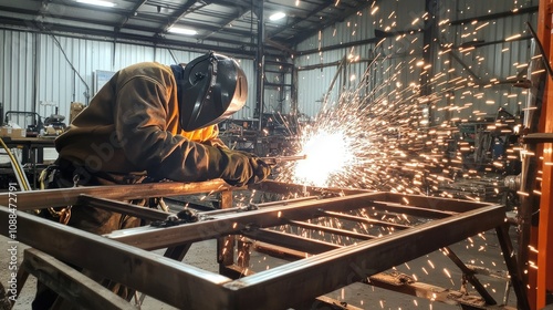 Skilled welder wearing protective gear works on metal fabrication in a workshop, sparks flying in the air, showcasing craftsmanship and industrial techniques. photo