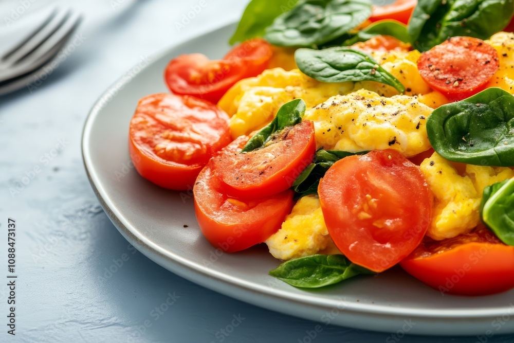 A vibrant plate of scrambled eggs topped with fresh tomatoes and spinach, showcasing a healthy and colorful breakfast option. A vibrant plate of scrambled eggs topped with fresh tomatoes and spinach, showcasing a healthy and colorful breakfast option.