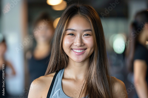 Smiling young woman with long brown hair in fitness attire in a gym setting, exuding happiness and positivity in a vibrant and energetic atmosphere