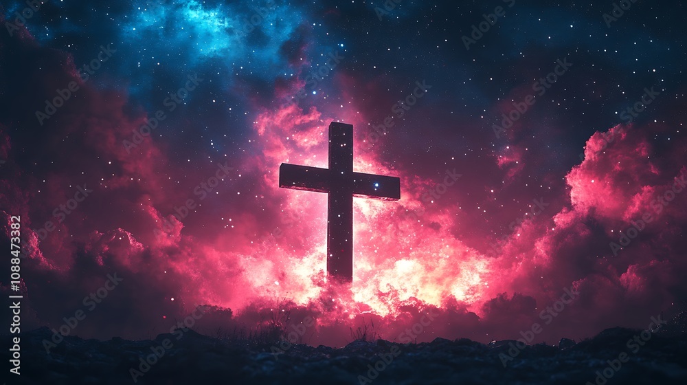 Silhouette of a Christian cross merged with a cosmic night sky, bright stars creating a soft outline of the cross, deep space colors blending into the scene, serene and mystical ambiance, Silhouette of a Christian cross merged with a cosmic night sky, bright stars creating a soft outline of the cross, deep space colors blending into the scene, serene and mystical ambiance,