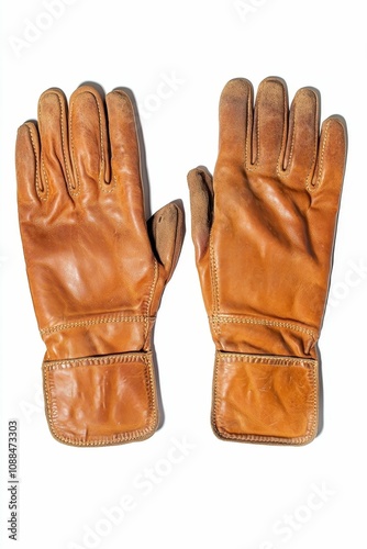 Brown leather gloves on white background.