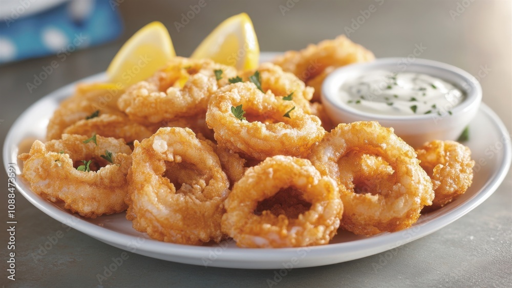 Plate of Crispy Golden Fried Calamari with Lemon and Dip Plate of Crispy Golden Fried Calamari with Lemon and Dip