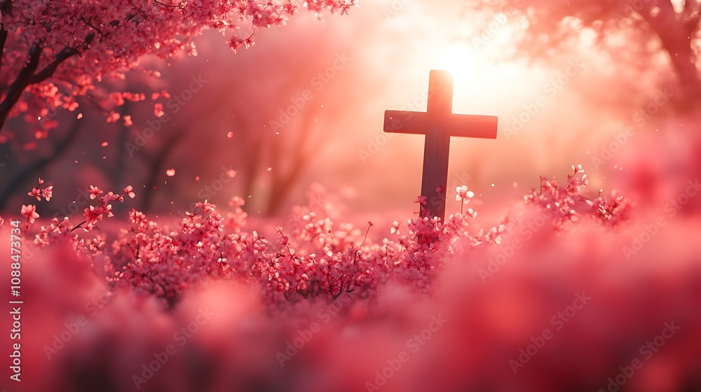 Silhouette of a Christian cross merged with a field of blooming cherry blossoms, the pink petals cascading around the outline of the cross, soft spring light creating a warm glow, Silhouette of a Christian cross merged with a field of blooming cherry blossoms, the pink petals cascading around the outline of the cross, soft spring light creating a warm glow,