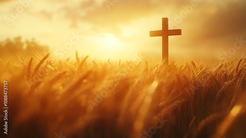 Silhouette of a Christian cross merged with a golden wheat field swaying in the evening breeze, the warm light of dusk casting long shadows, calm and peaceful mood, photorealistic details,