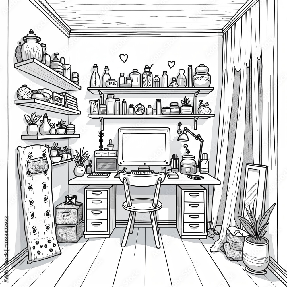Fototapeta premium Cozy Home Office with Shelves, Plants, and Natural Light