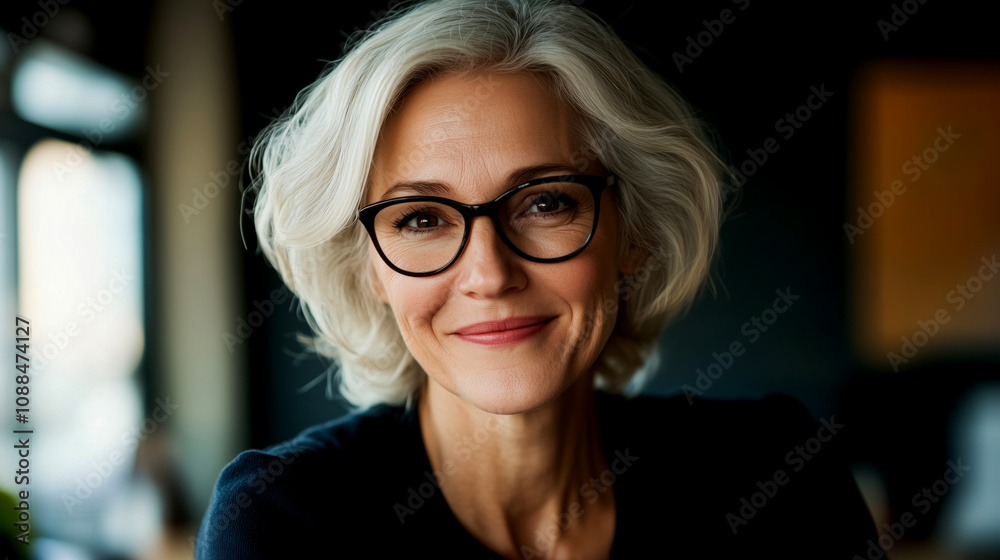 Confident older woman with stylish glasses smiling warmly Confident older woman with stylish glasses smiling warmly