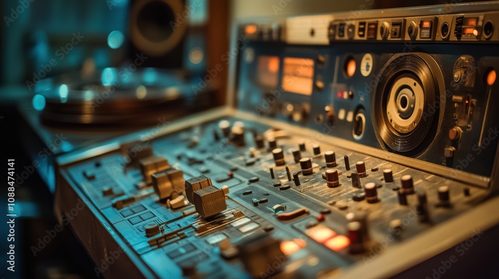 A reel-to-reel tape recorder actively recording sound, with the reels spinning and soft lighting highlighting the intricate details, vintage sound recording, analog equipment, tape recording, studio A reel-to-reel tape recorder actively recording sound, with the reels spinning and soft lighting highlighting the intricate details, vintage sound recording, analog equipment, tape recording, studio