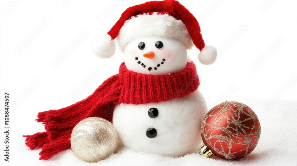 one snowman with red scarf and Santa hat on isolated white background one snowman with red scarf and Santa hat on isolated white background