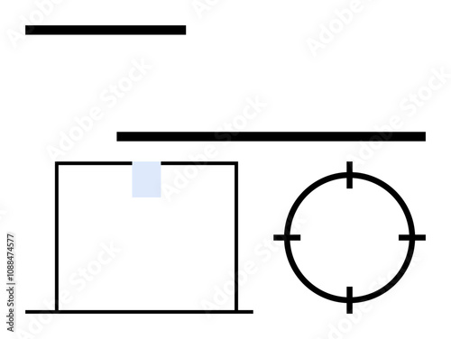 Black horizontal lines, a rectangle with a blue rectangle on top, and a circle with crosshairs. Ideal for mathematics, design concepts, geometry, game design, targeting education abstract art. Line