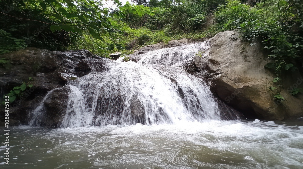 Serene Waterfall in Lush Green Forest Serene Waterfall in Lush Green Forest