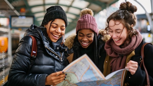 Three women friends are at the train station. They're laughing and looking at a map. They're trying to find a place to go.