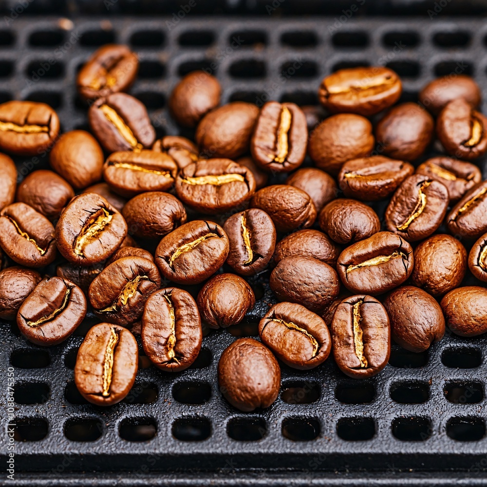 custom made wallpaper toronto digitalCoffee bakery roast concept.A close-up of roasted coffee beans on a black grill, showcasing their rich color and texture.