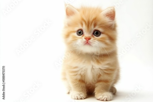 A cute orange and white kitten sits on white background.