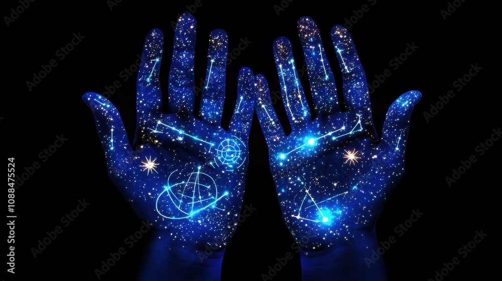 Palm reading, a hand covered with lines suggesting fortune telling using palmistry Palm reading, a hand covered with lines suggesting fortune telling using palmistry