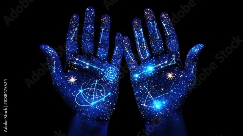 Palm reading, a hand covered with lines suggesting fortune telling using palmistry