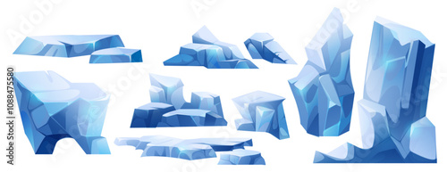 Blue crystal glacier formations. Various arctic ice structures of different heights and sizes, frozen mountain peaks, cliffs and floating fragments for winter game design. Iceberg snowy elements.