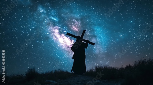 Silhouette of Jesus carrying the cross blended with a starry night sky, the Milky Way visible in the background, the stars forming an ethereal glow around the figure, tranquil and mystical atmosphere,