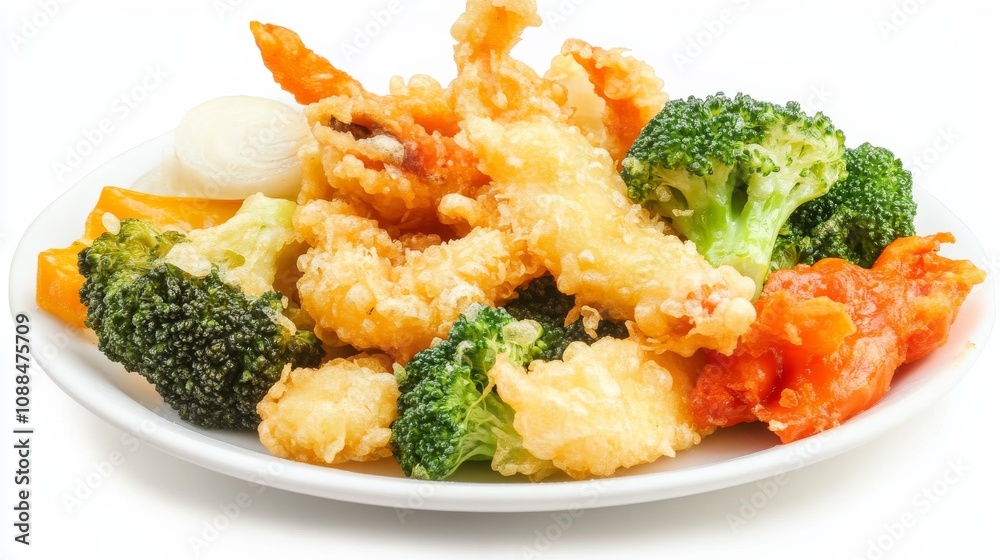 A plate of crispy vegetable tempura with assorted vegetables including bell peppers, sweet potatoes, zucchini A plate of crispy vegetable tempura with assorted vegetables including bell peppers, sweet potatoes, zucchini