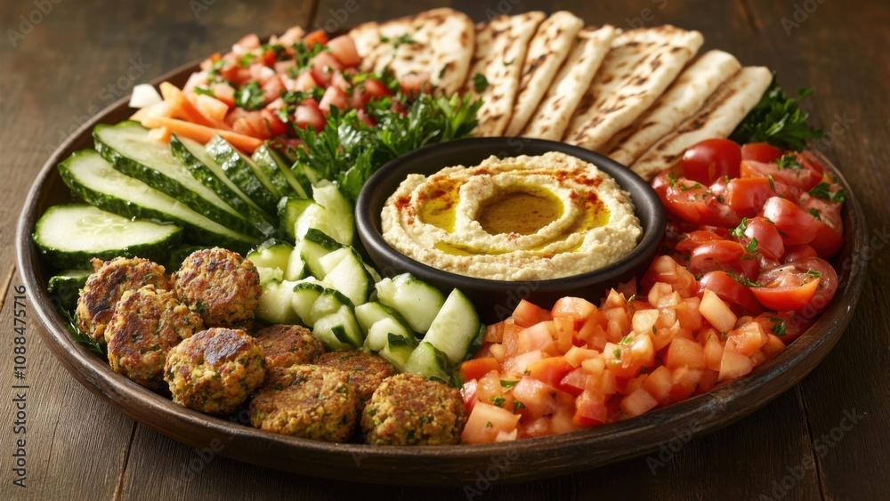 Mediterranean Mezze Platter with Falafel, Hummus, and Fresh Vegetables Mediterranean Mezze Platter with Falafel, Hummus, and Fresh Vegetables