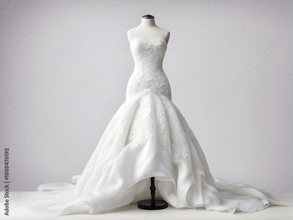 White wedding dress on a mannequin doll isolated on white background White wedding dress on a mannequin doll isolated on white background