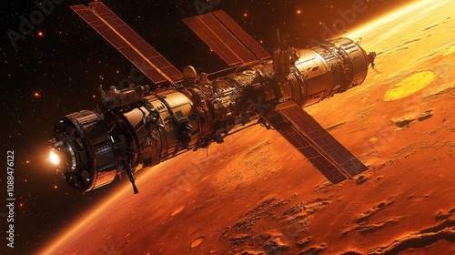 An advanced space station hovering near Mars, its red surface visible below, connected modules and solar panels catching the light of a distant star, space exploration, orbital technology, planetary photo