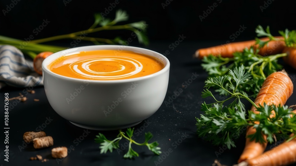 Vibrant Orange Carrot Soup in a White Bowl, Perfect for a Cozy Meal or Gourmet Dining Experience Vibrant Orange Carrot Soup in a White Bowl, Perfect for a Cozy Meal or Gourmet Dining Experience
