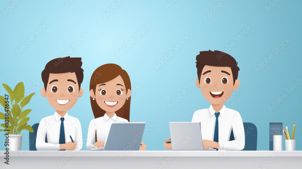 Employees in meeting discussing ideas with laptops and smiles Employees in meeting discussing ideas with laptops and smiles