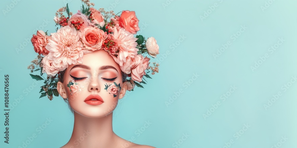 Floral portrait of feminine beauty captures a woman with elegant makeup. Feminine allure with flowers enhances her expression. Artistic and serene, fits fashion and beauty themes. Floral portrait of feminine beauty captures a woman with elegant makeup. Feminine allure with flowers enhances her expression. Artistic and serene, fits fashion and beauty themes.