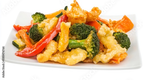A plate of crispy vegetable tempura with assorted vegetables including broccoli, sweet potato, bell pepper
