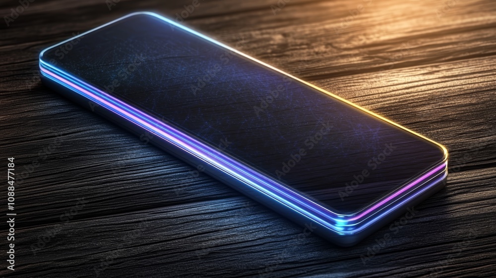 Closeup of a sleek, modern smartphone resting on polished wooden table, capturing the essence of technology. Closeup of a sleek, modern smartphone resting on polished wooden table, capturing the essence of technology.