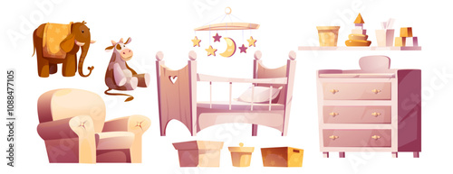 Newborn baby room furniture set isolated on white background. Vector cartoon illustration of wooden nursery crib with moon and stars mobile, changing table, safe toys on shelf, armchair, beige boxes