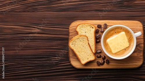 Coffee bakery roast concept.A cozy breakfast scene featuring coffee topped with butter, accompanied by slices of bread and coffee beans on a wooden board.