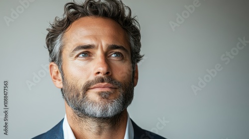 Happy middle-aged businessman with a thoughtful expression, wearing a suit, looking towards future success against a white background.