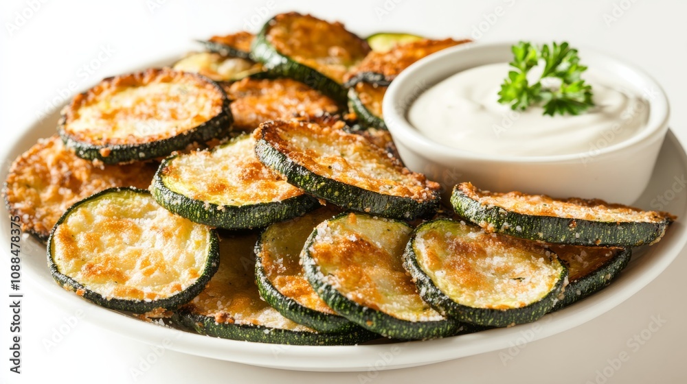 A plate of crispy zucchini chips with a side of ranch dipping sauce, Each chip’s golden-brown exterior and tender zucchini interior captured with precision A plate of crispy zucchini chips with a side of ranch dipping sauce, Each chip’s golden-brown exterior and tender zucchini interior captured with precision