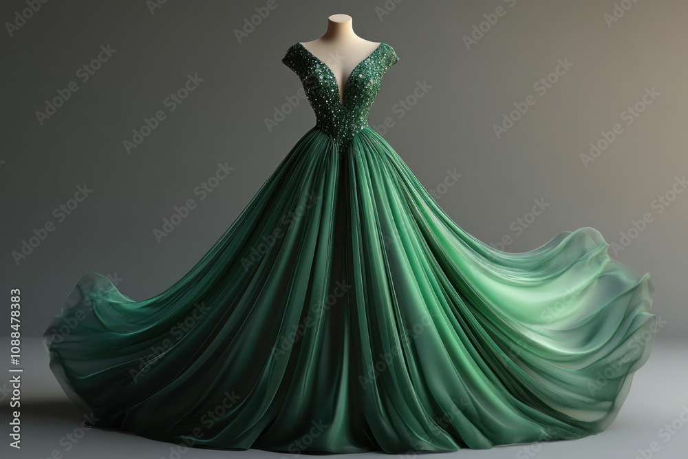 Green dress with long train draping gracefully down staircase, surrounded by elegant floral arrangements and soft candlelight, creating a romantic ambiance. Green dress with long train draping gracefully down staircase, surrounded by elegant floral arrangements and soft candlelight, creating a romantic ambiance.