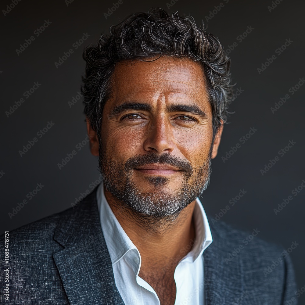 Middle-aged Latin businessman looking away from the camera, smiling, against a grey background. Middle-aged Latin businessman looking away from the camera, smiling, against a grey background.