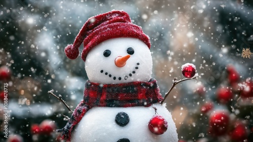 PNG Cheerful snowman with red accessories