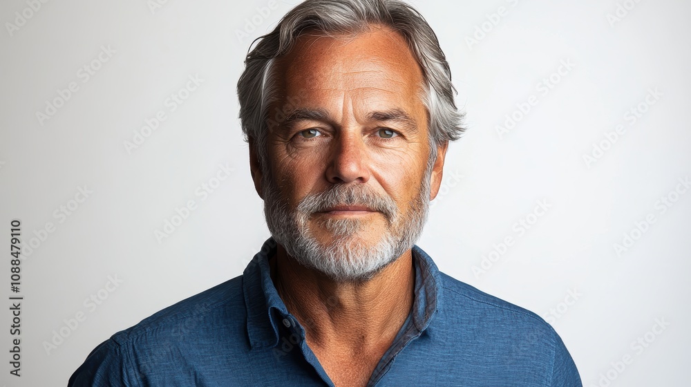 Fototapeta premium Business portrait of a senior businessman in a blue shirt, standing against a white background.