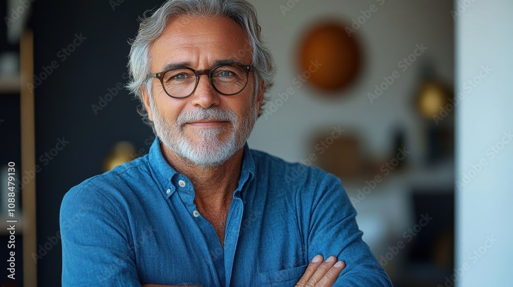 Business portrait of a senior businessman in a blue shirt, standing against a white background. Business portrait of a senior businessman in a blue shirt, standing against a white background.