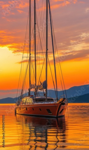 A Serene Sunset Over a Luxurious Yacht Sailing in Tranquil Waters: An Invitation to Adventure and Relaxation Amidst Nature’s Beauty